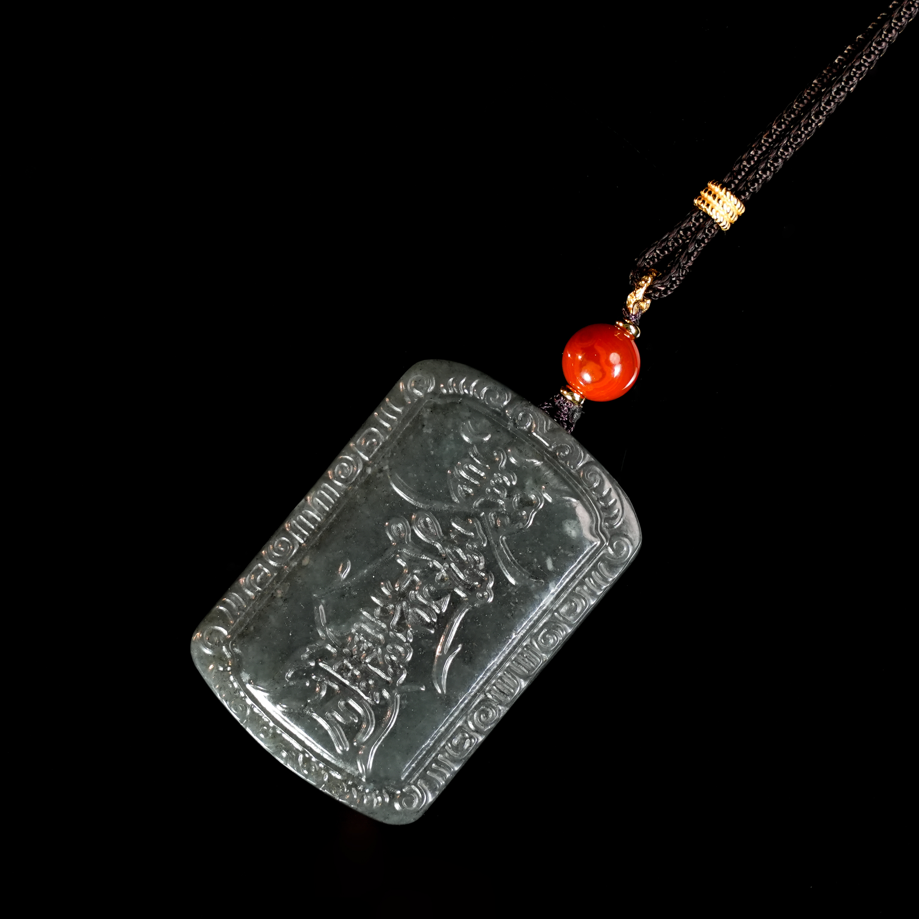 预售新疆和田玉墨绿青花无事牌（双面）RB242773尺寸约46*31mm