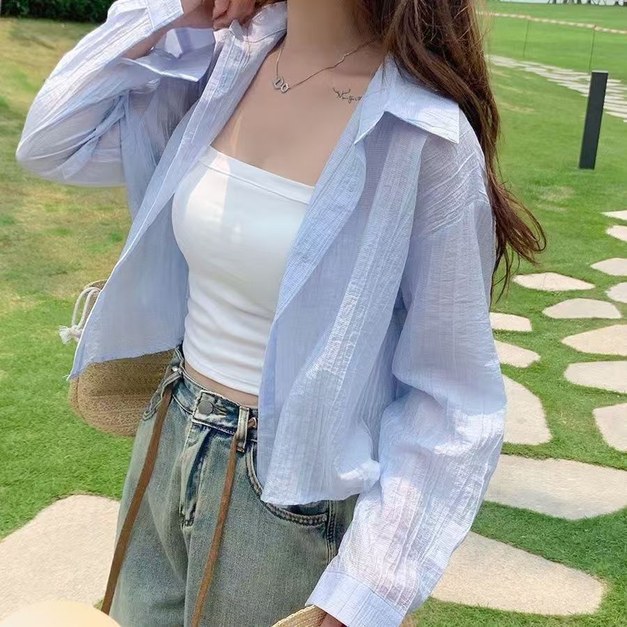 衬衫女设计感小个子女款短款长袖薄外套夏季宽松百搭白色开衫上衣