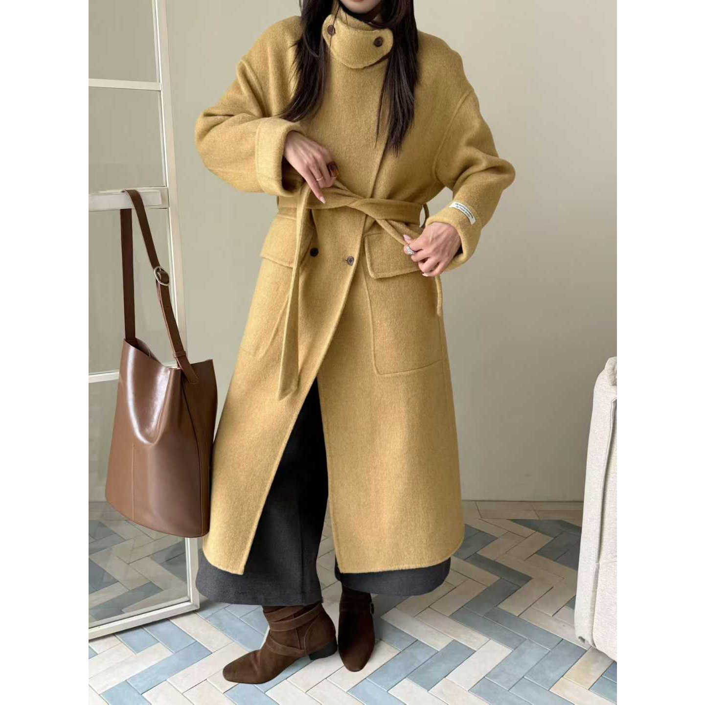 ［壹壹Y102206］韩系立领长款加厚纯手工双面保暖毛呢羊毛大衣外套