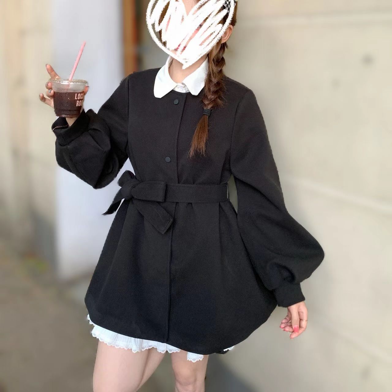 大码胖MM法式收腰冬季保暖加厚毛呢外套加棉显瘦灯笼袖小个子大衣