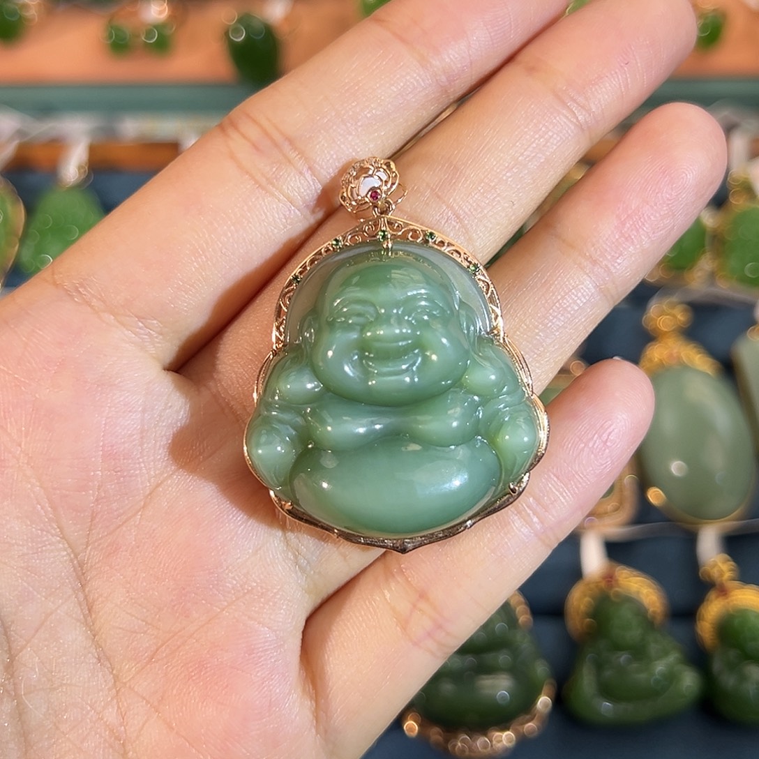 和田玉（碧玉）18K金镶嵌吊坠(不含链)猫眼佛公32mm 