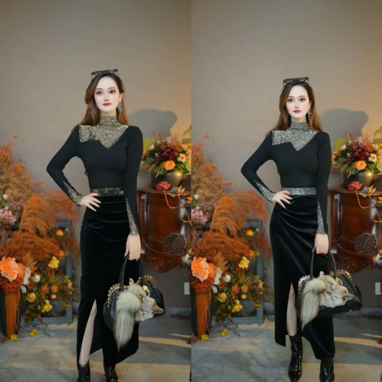 星红2531时尚半高领打底衫女秋冬新款气质减龄保暖洋气拼接上衣