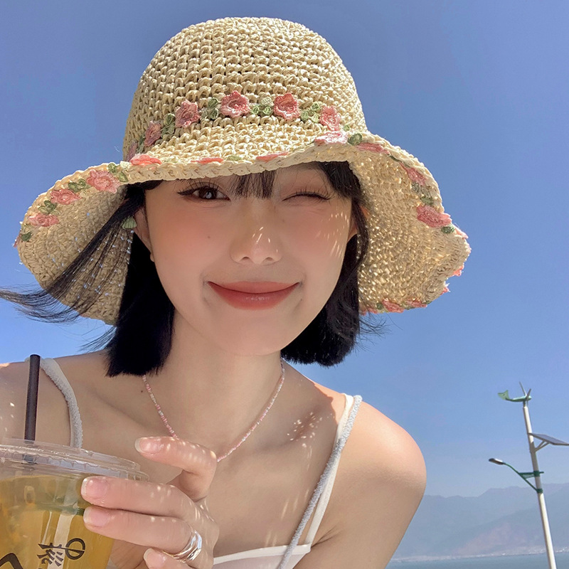田园风草帽女夏季花朵镂空沙滩遮阳草编大帽檐防晒专用帽子