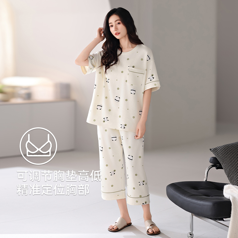 女睡衣夏天带胸垫全棉短袖七分裤大码薄款纯棉妈妈高级家居服