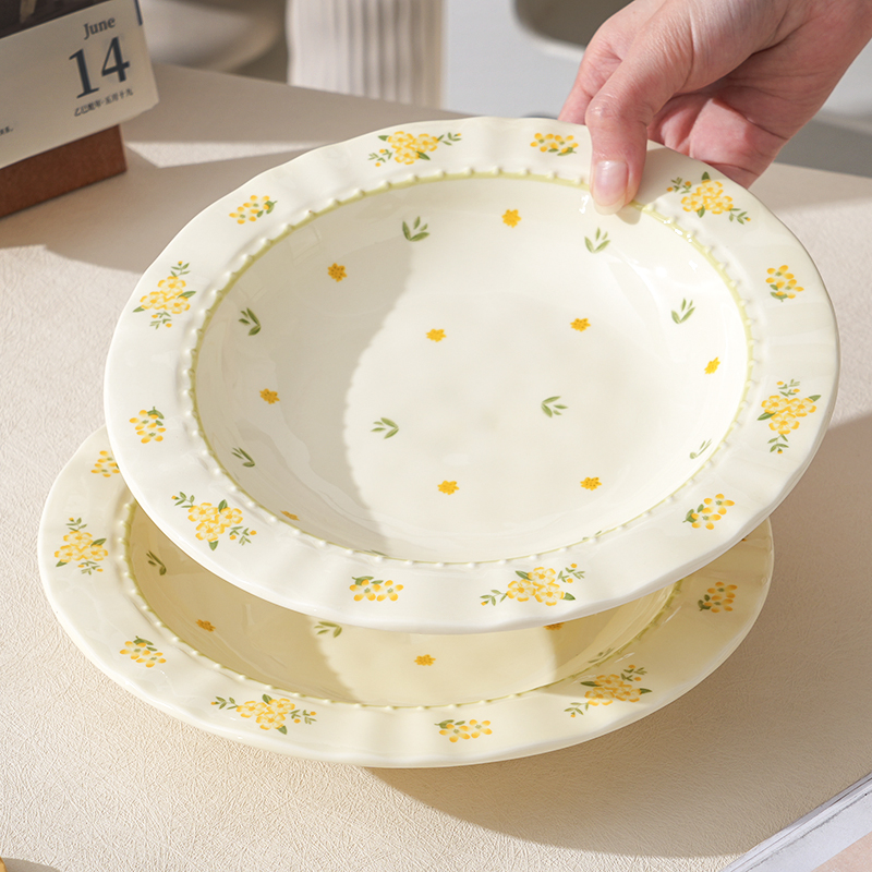 【草帽盘2个装】奶油风琉璃花陶瓷餐盘早餐盘菜盘盘釉下彩菜碟圆盘