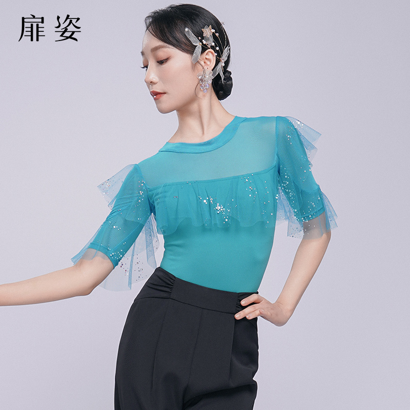 扉姿 摩登舞服女夏季网纱亮片连体衣中袖广场舞练功服上衣M1080