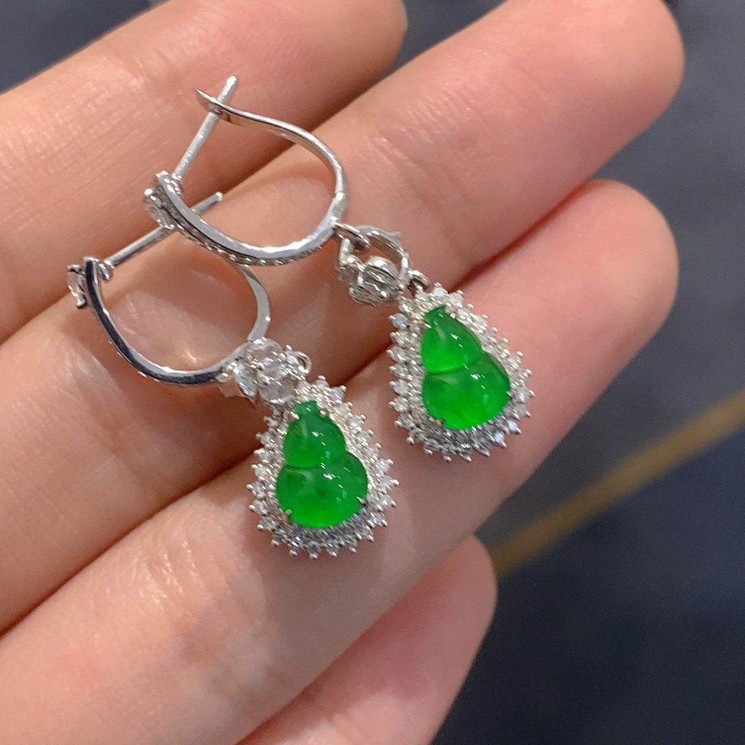 翡翠耳饰18K金镶嵌天然缅甸A货翡翠