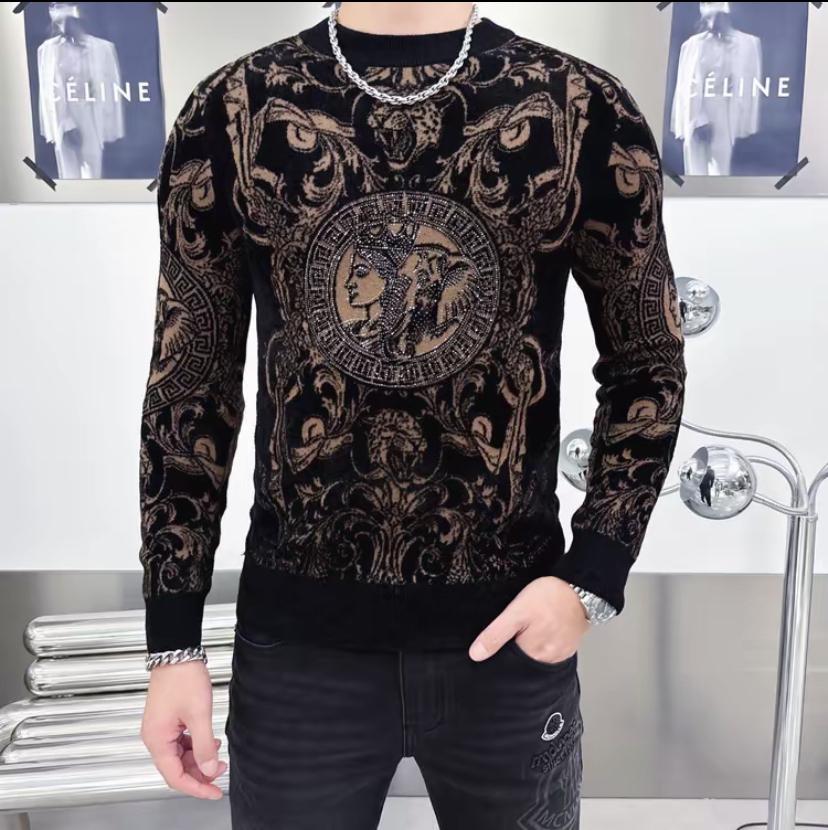 欧洲站 男士秋冬新款时尚潮流百搭提花烫钻人头长袖圆领针织毛衣