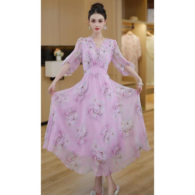 2025春季公主风法式优雅设计感收腰中长款V领连衣裙女