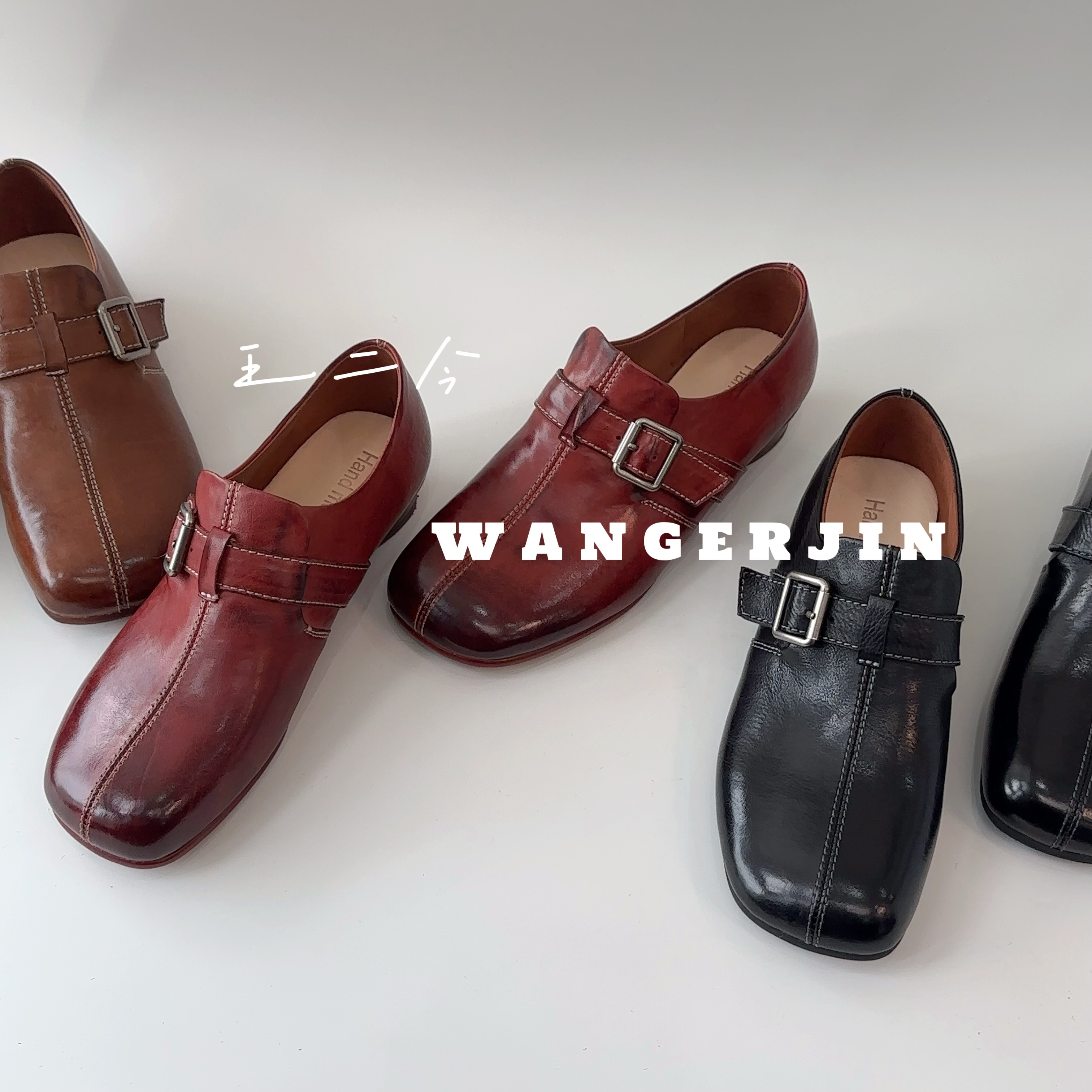 王二今/牛皮/3CM/博肯圆头粗跟法式皮带扣气质休闲时装乐福单鞋女