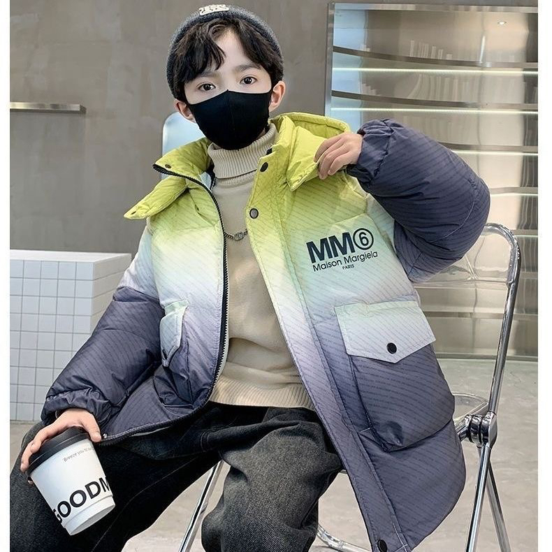 新款男童冬季加绒加厚渐变色棉服帅气中大童保暖棉袄冬装外套