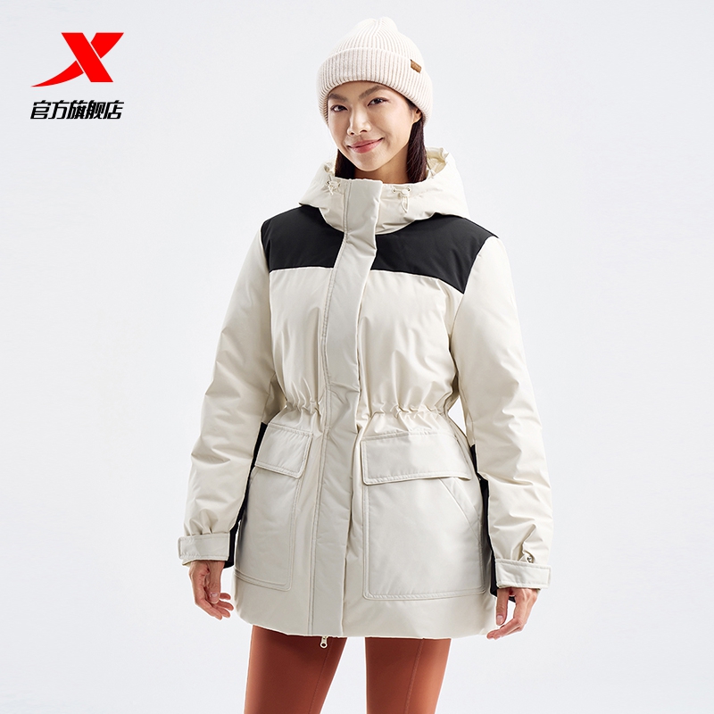 特步女装加厚保暖连帽羽绒服冬季新款女子户外防风运动外套