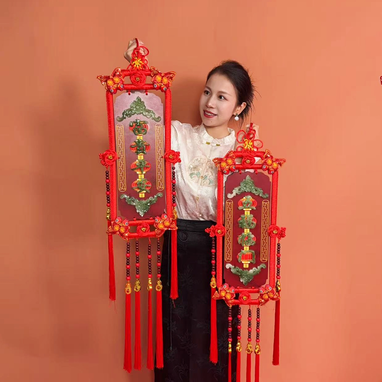 L【高档】【超大号仿玉浮雕对联】纯手工中国结搬家结婚高档挂件