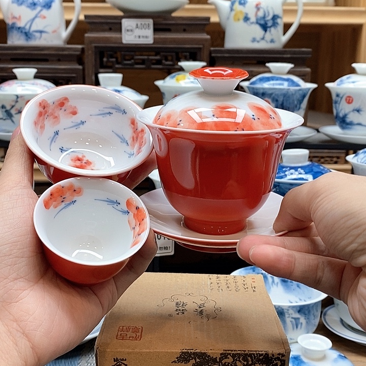 手绘龙船花160cc盖碗➕一主人杯一客杯釉下彩微瑕福利款