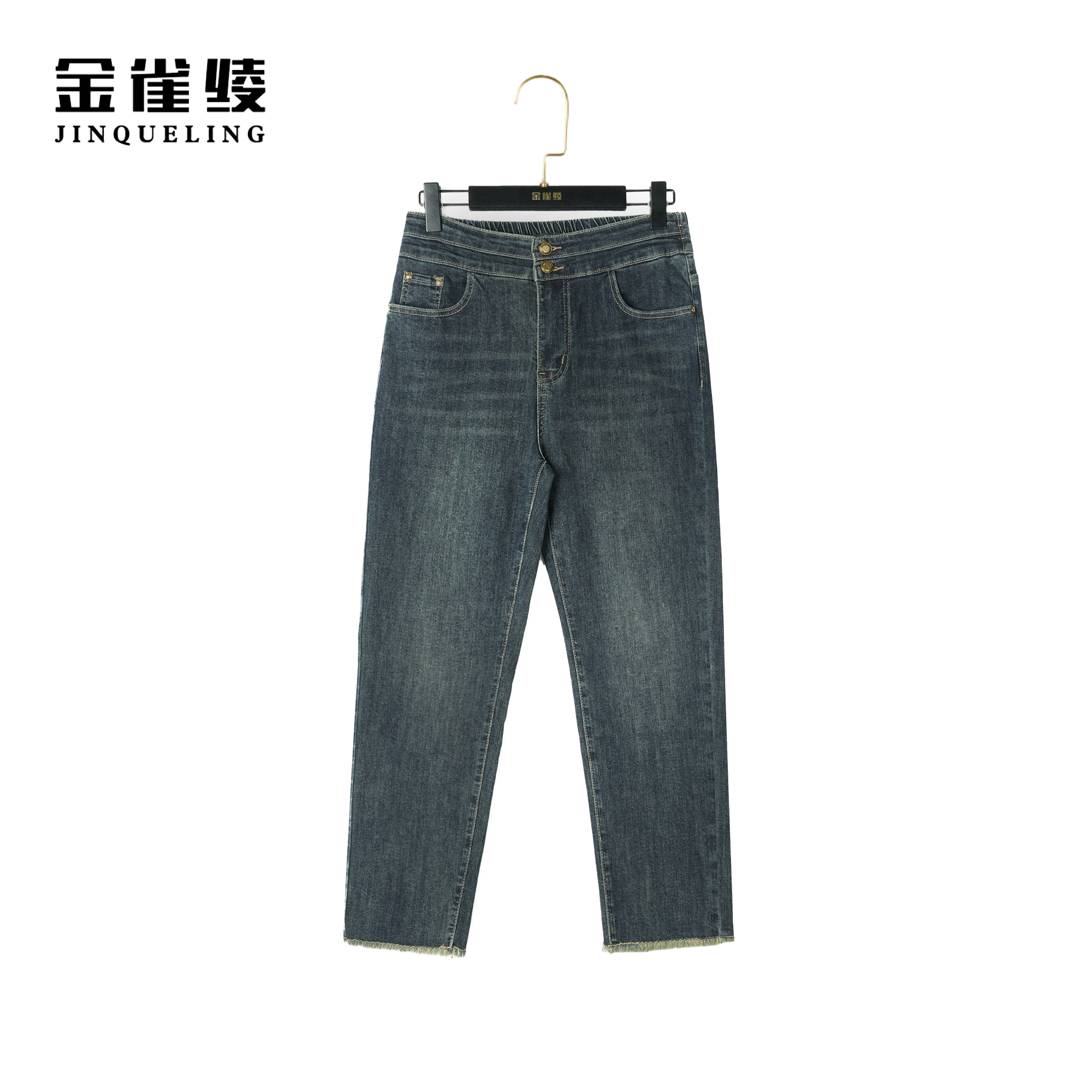 金雀绫 【黄石公园】时尚磨毛边修身弹力水洗9分牛仔裤K0228