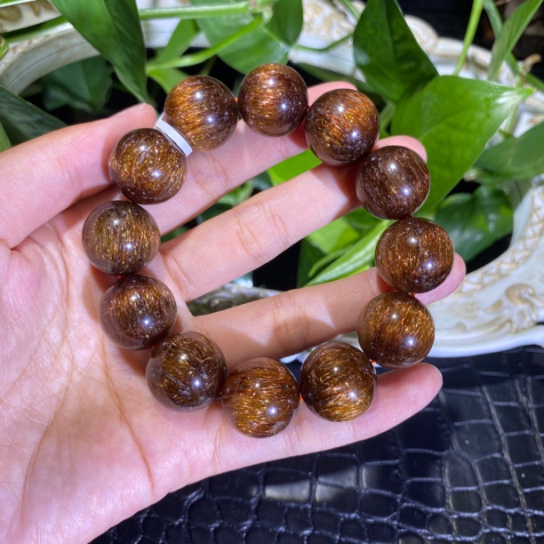 古铜色老矿铜发晶猫眼单圈18mm左右水晶手串