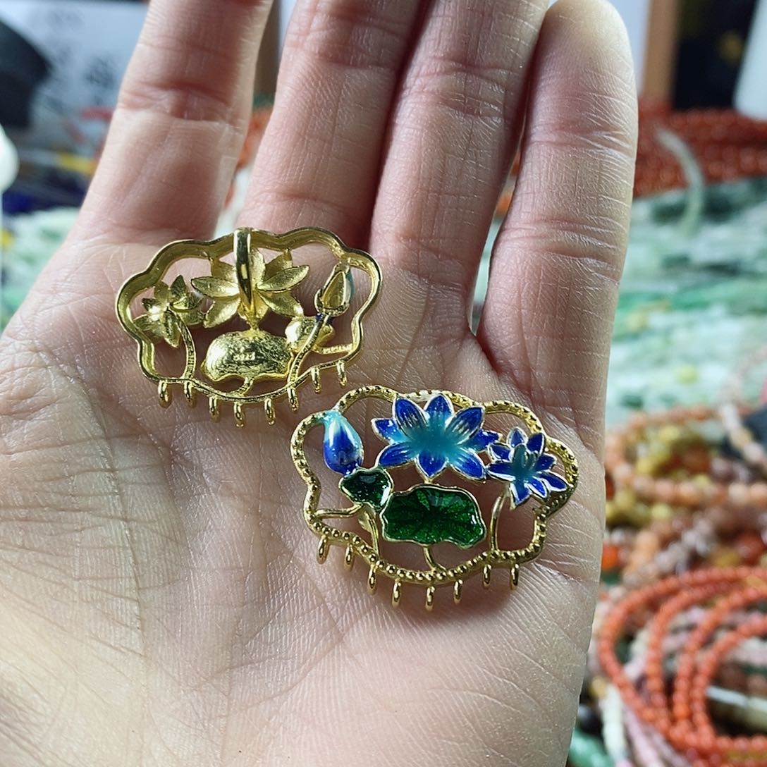 玛瑙/玉髓珠宝半成品合金一个925景泰蓝莲花吊坠E01