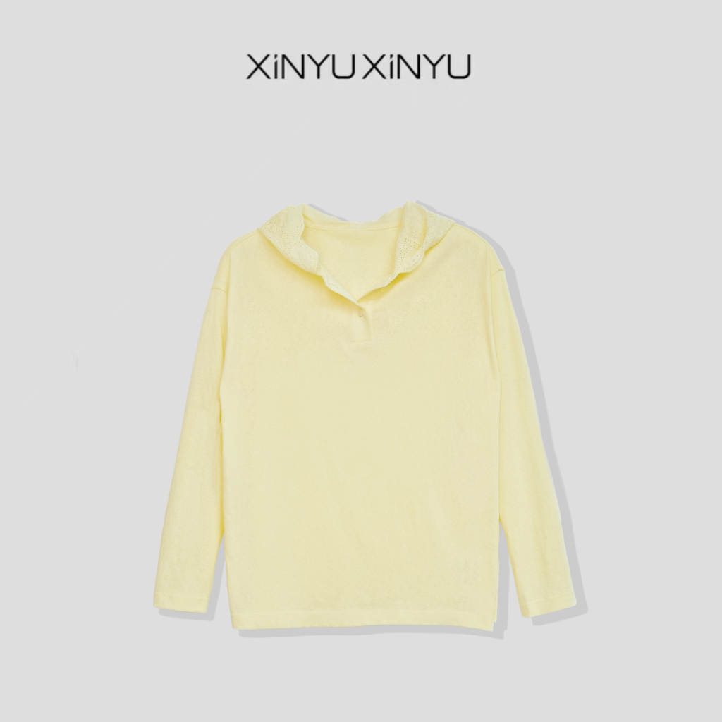 XINYU/芯与复古精致蕾丝提花连帽吸睛长袖T恤 203312  时尚 百搭 