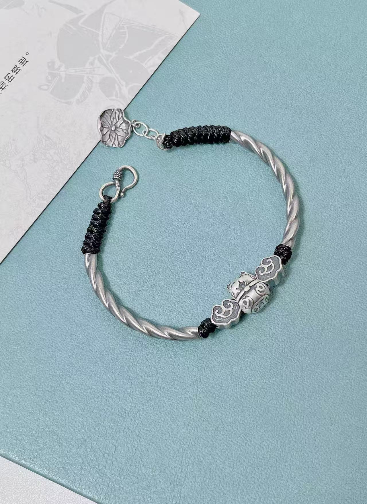 足银手链 足银手链招财猫做旧