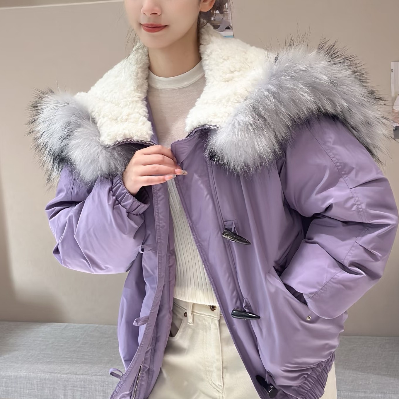 尾~2025冬新款小飞侠 鹅 可拆卸毛领牛角扣飞行员加厚外套