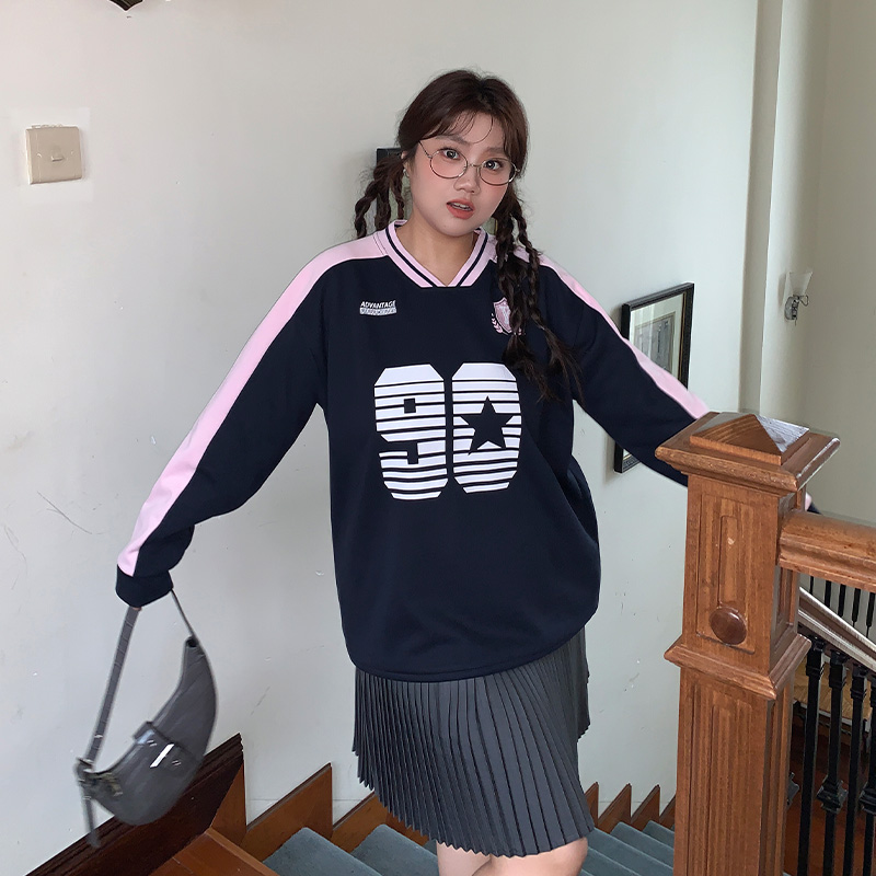 YUZI/鱼子2025新款印花V领撞色美式时尚拼色卫衣休闲百搭宽松