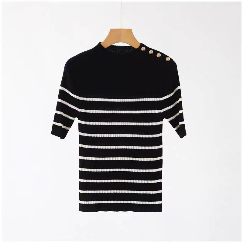 （女装）6231 法式优雅肩膀纽扣撞色条纹立领短袖针织衫