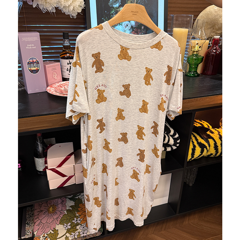 米诗缇【g家满身小熊短袖睡裙灰色】小众潮牌设计师可外穿短袖睡裙