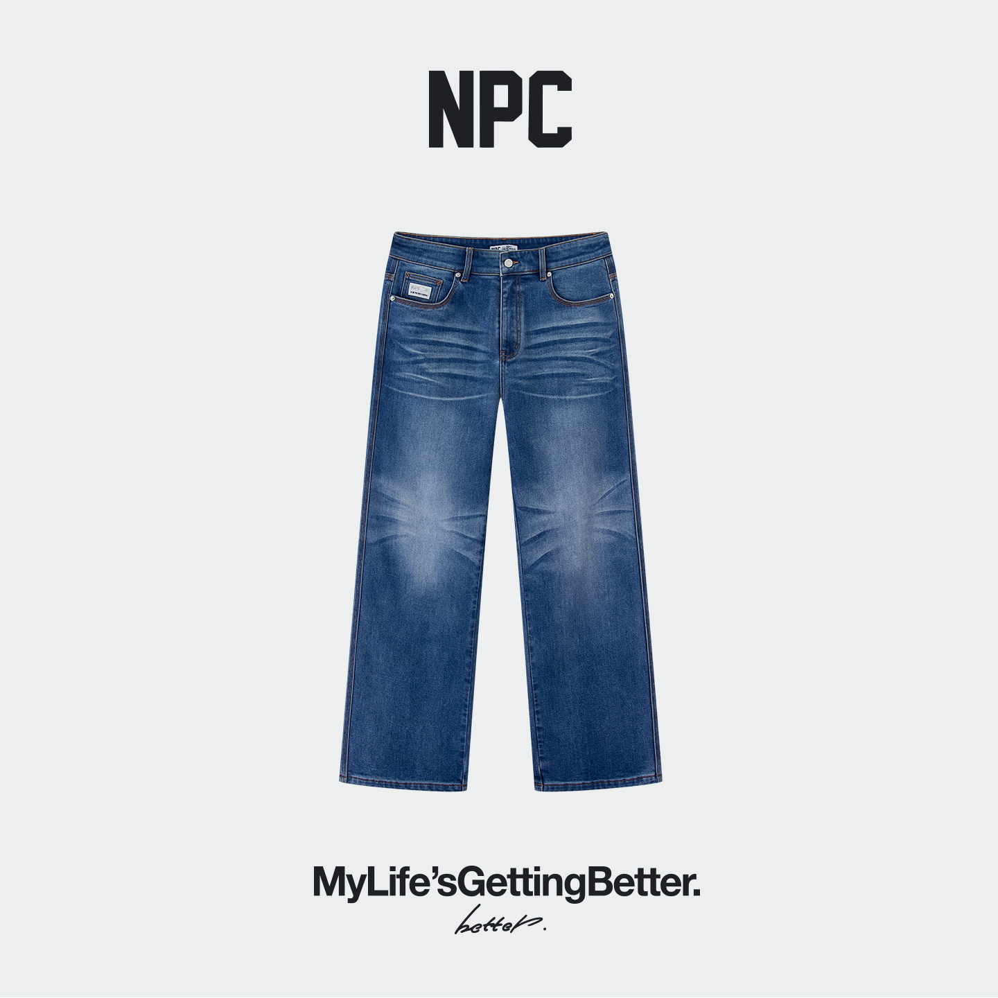 NPC潮牌重磅手工猫须复古丹宁四面弹加绒牛仔裤直筒裤NP5BDT15