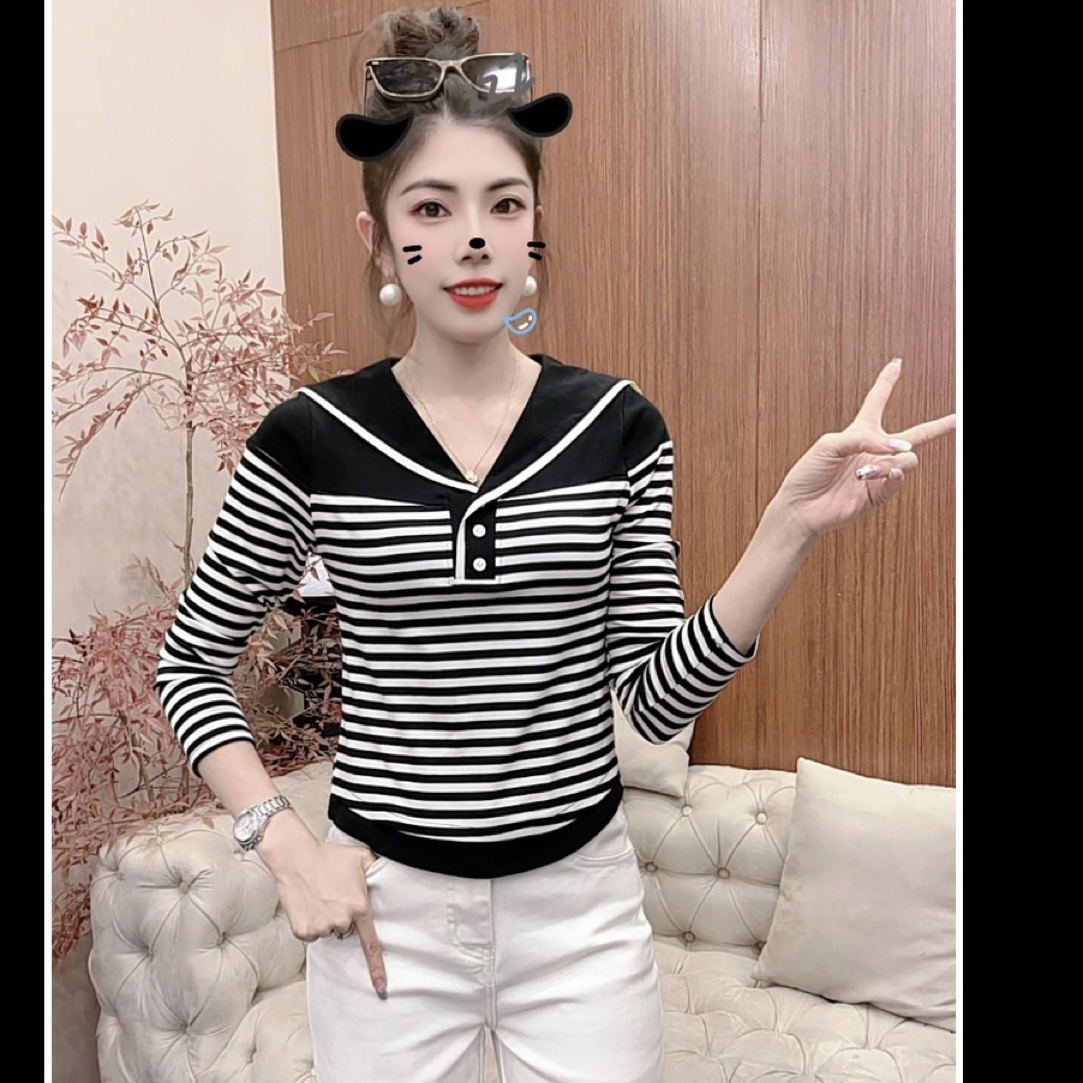 月月家，新款秋款时尚海军领条纹休闲减龄上衣小衫555