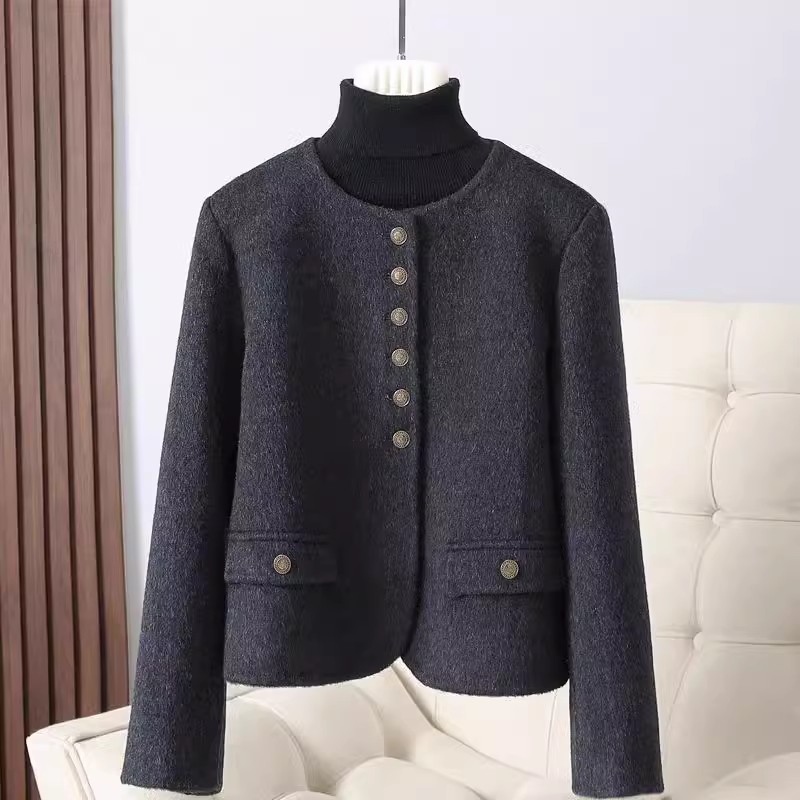 20306小个子双面羊绒大衣女显瘦单排扣小香风圆领双面羊毛呢外套