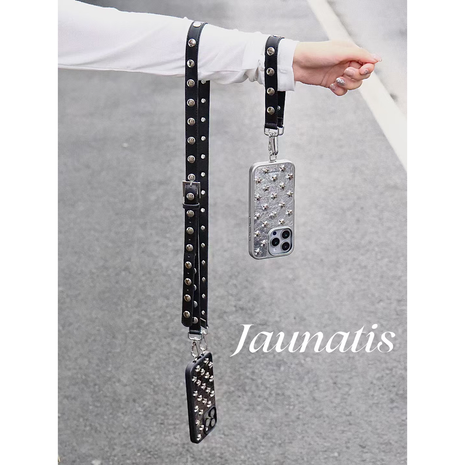 Jaunatis原创皮质铆钉小众高级手机壳挂绳斜挎腕带款时髦