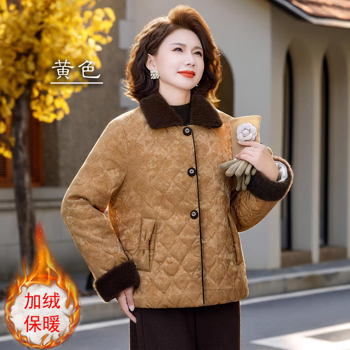 秋冬羊羔毛领时尚气质棉袄加绒加厚妈妈装