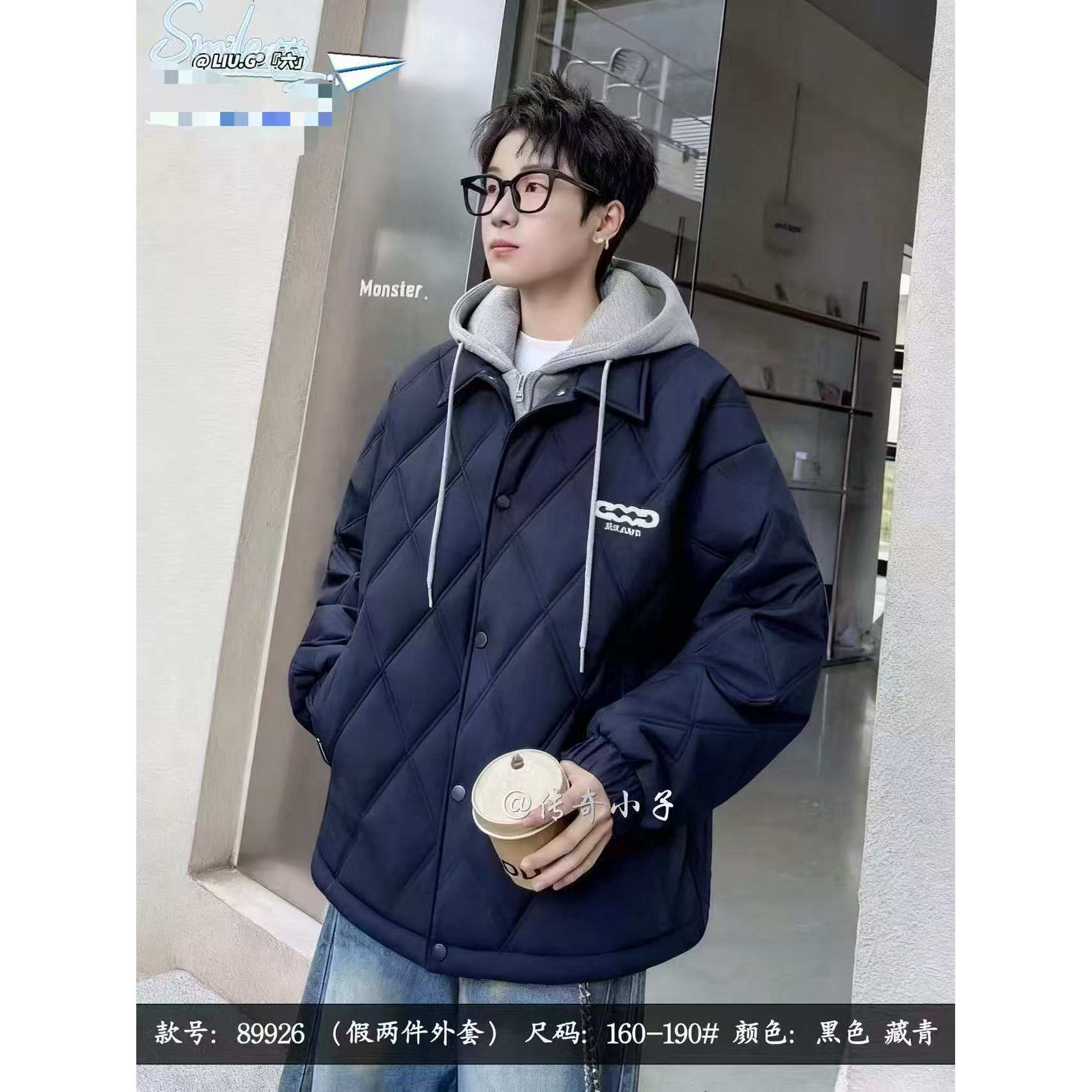 男童拼色青少年假两件夹棉外套 89926（160-190）