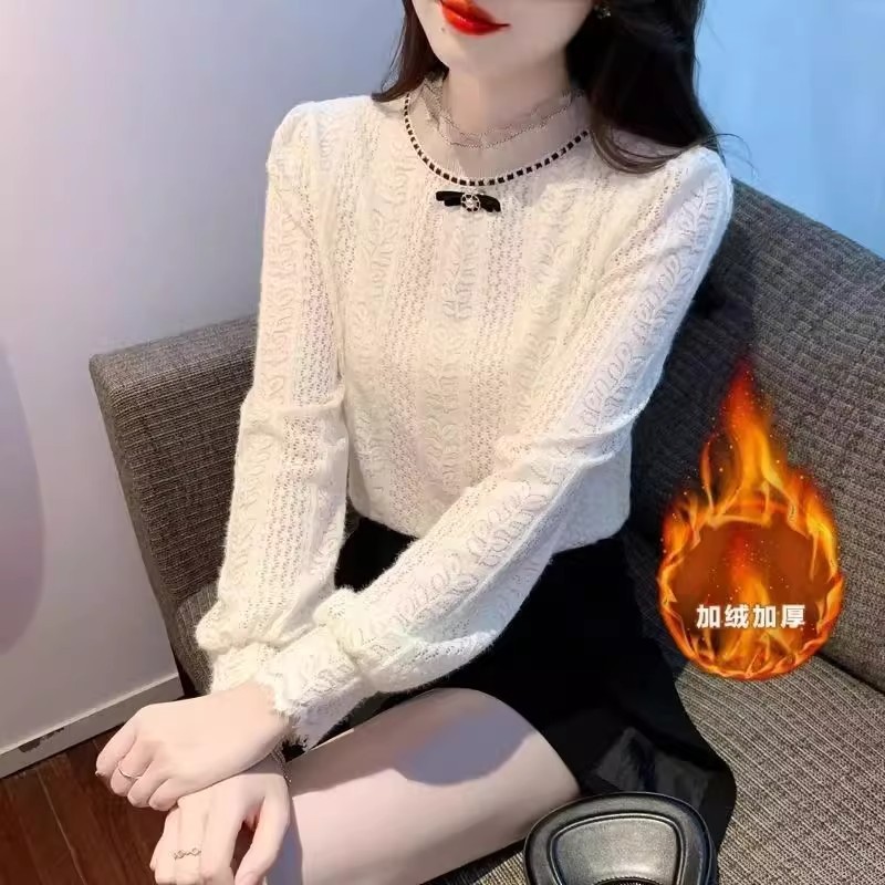 韩版拼接蕾丝打底衫长袖蕾丝加绒加厚立领打底衫洋气上衣内搭百搭