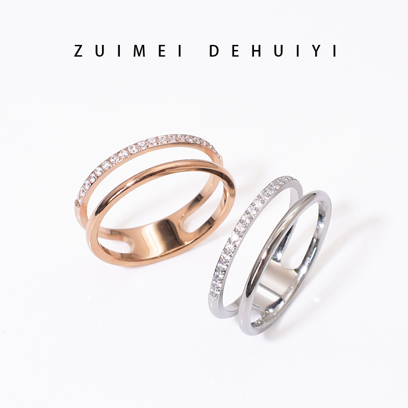 钛钢合成锆石戒指 高级双层镶钻戒指女叠戴时尚个性排钻食指环