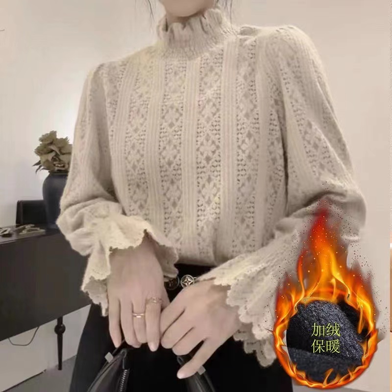 叠穿蕾丝打底衫女秋冬季2025年新款半高领加绒加厚时尚喇叭袖上衣