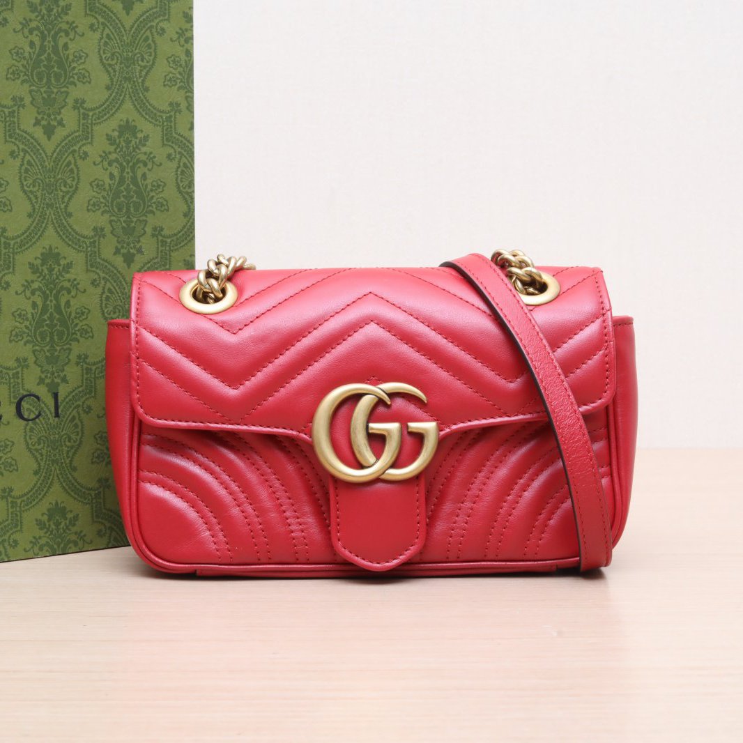 99新 GUCCI/古驰 小花攀攀 Marmont 肩背包 22 红色 金扣