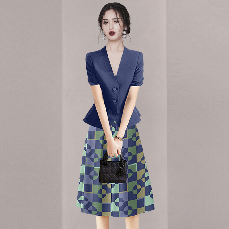 气质收腰印花半身裙短袖西装套装夏季2025新款女装两件套