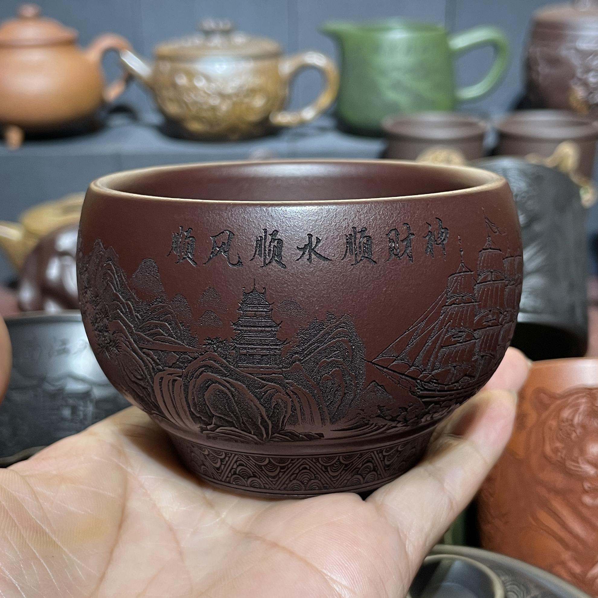 原矿紫砂龙血砂高档双层隔热防烫手工主人杯刻绘山水140毫升茶杯