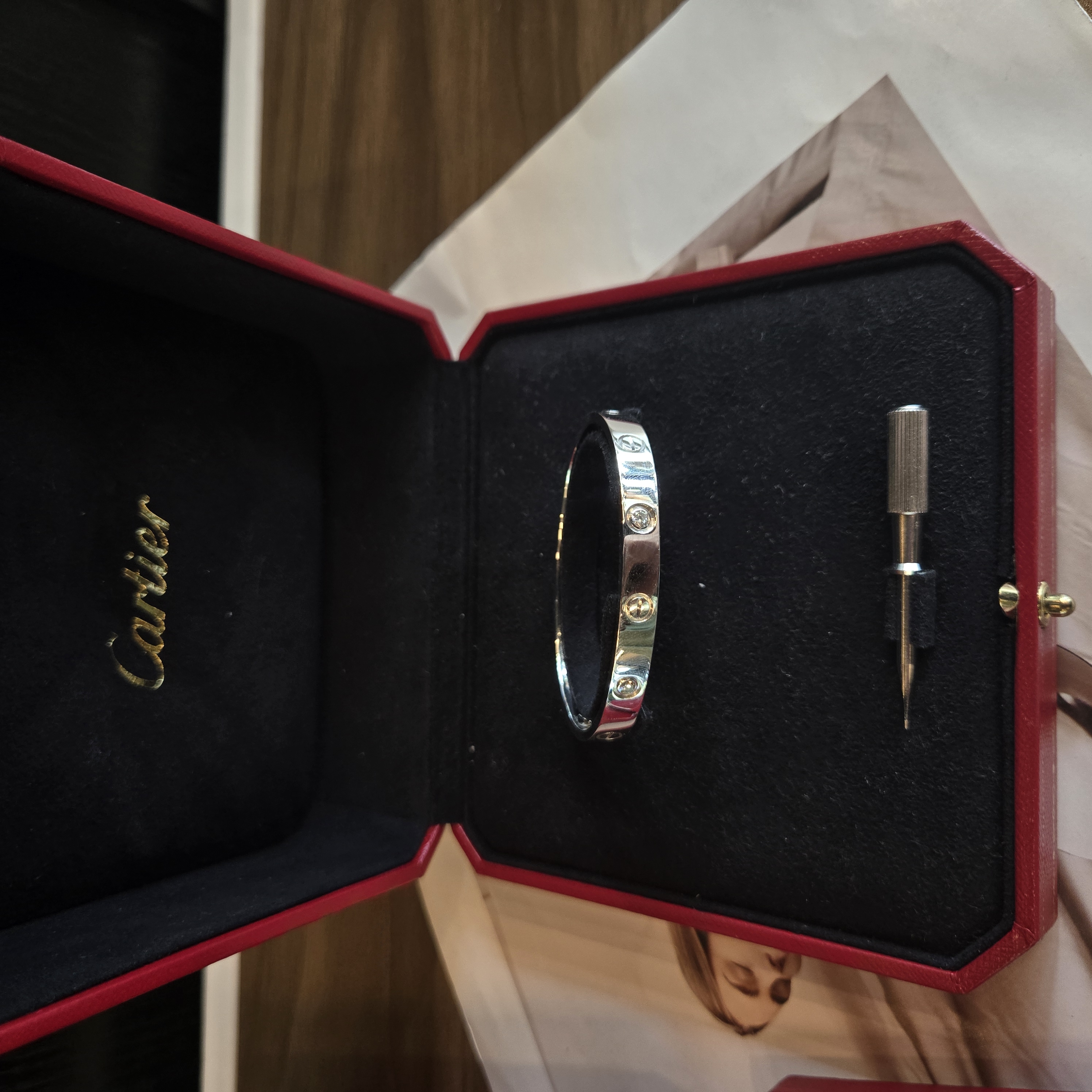 99新 Cartier/卡地亚 白金宽版四钻 love系列手镯16号