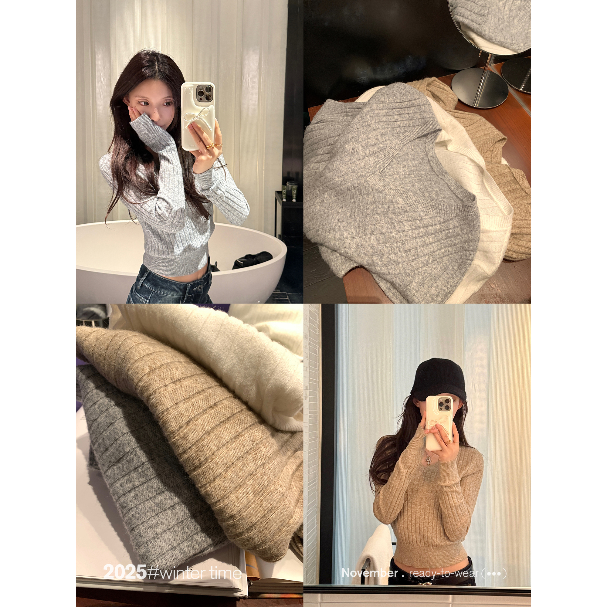 SUNONEONE 羊毛坑条短款修身长袖打底针织衫女秋冬内搭毛衣H1613C