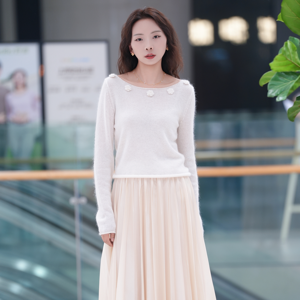 WIWH白色立体花朵设计感秋冬百搭针织衫