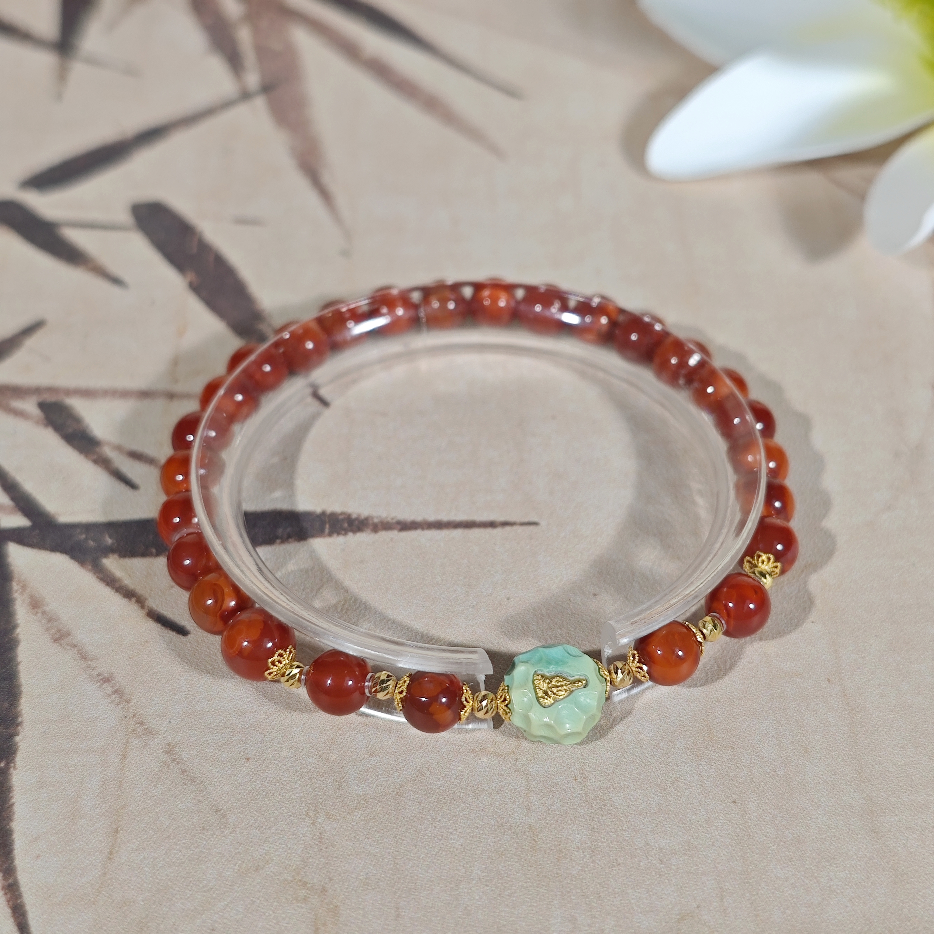 【不二】牛血红丹霞-川料九口南红18K金手串6mm±（多样性发）