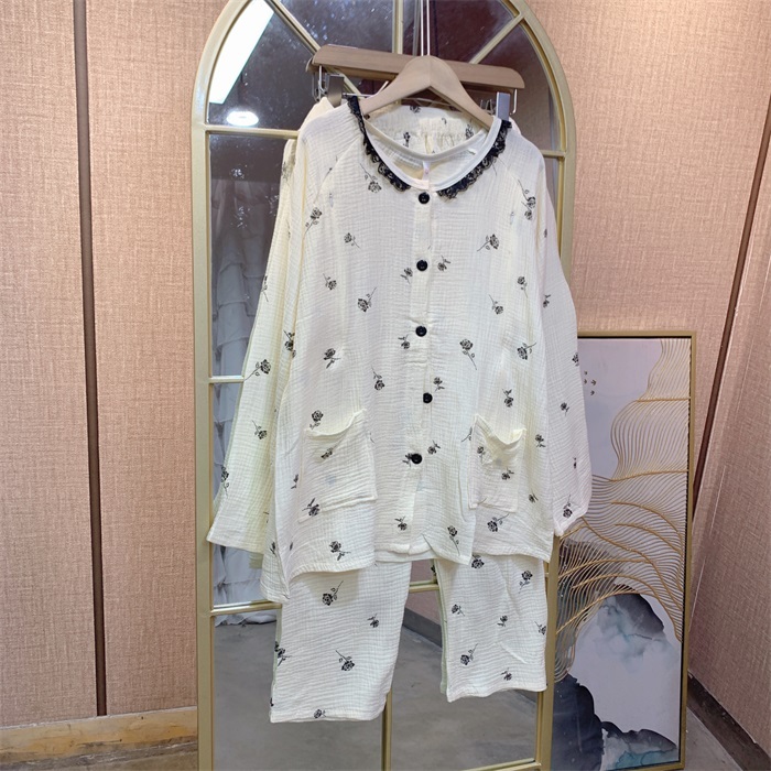 E338宅孕美浅黄色孕妇棉纱月子服两件套L90-130