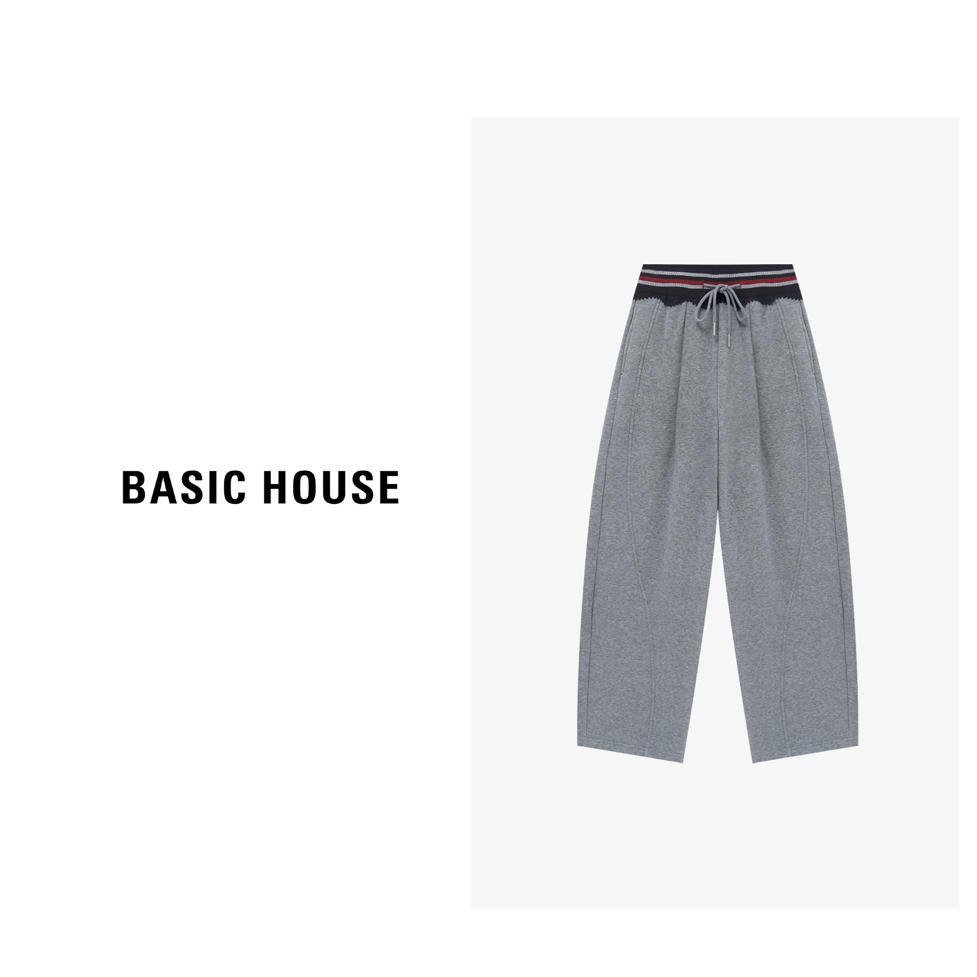 BasicHouse/百家好秋冬腰头撞色织带宽松阔腿裤直筒-B0625B5SMW2