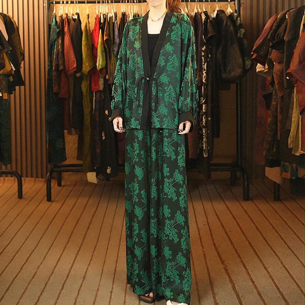 【白雪.荐选】桑蚕丝翡翠绿套装新中式宽松显瘦两件套新K094