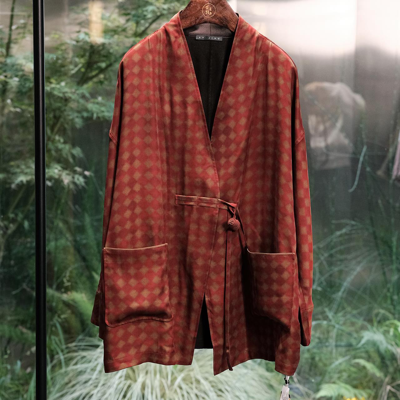 盛唐婧 | 红格子纹真丝重缎香云纱设计款外套长款休闲时尚中国风