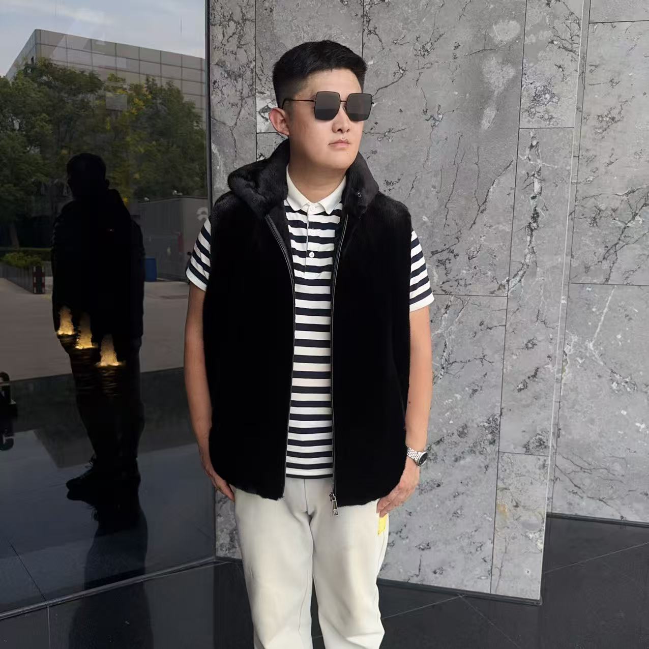 貂锦华黑色水貂拉链连帽男士秋冬外套貂皮男装