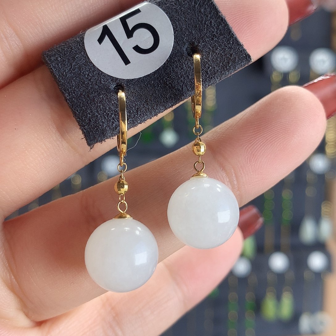 和田玉耳饰18K金镶嵌15