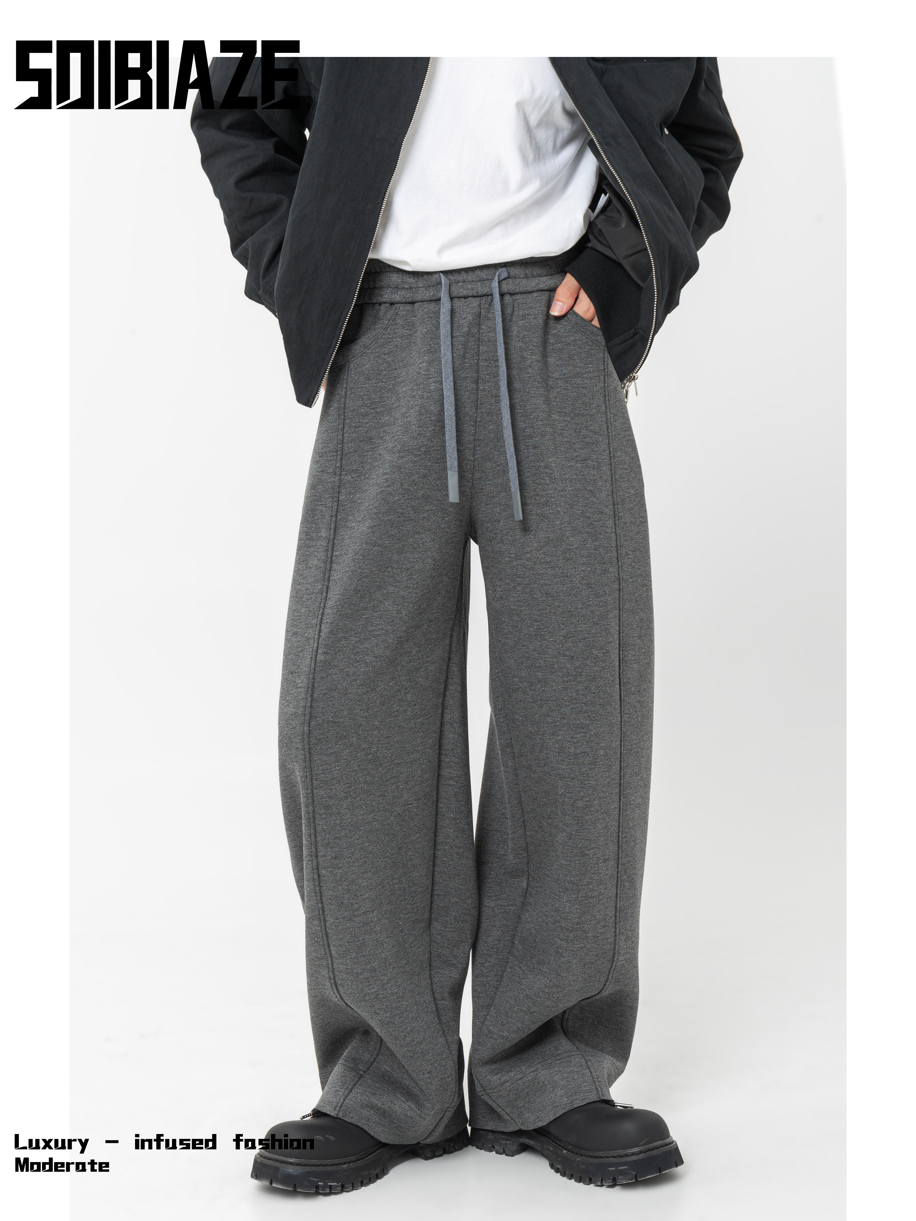 SO IBIAZE 阔腿长裤中腰部男士常规款宽松休闲长裤百搭纯色弯刀裤